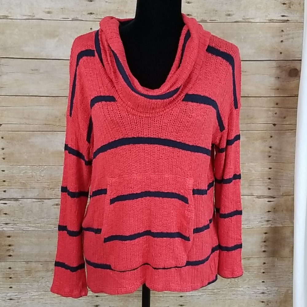 Splendid Striped Cowl Neck Kangaroo Pocket Sweater